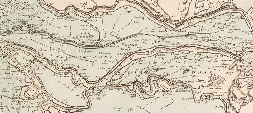 Kaart met daarop aangetekend welk gebied in Rivierenland overstroomde in de 19e eeuw
