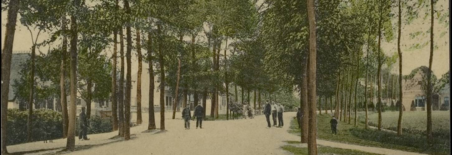 Prentbriefkaart Achter- en voorstraat Maurik met bomen en wandelende mensen. Uitgever G.J. Rademaker jr.