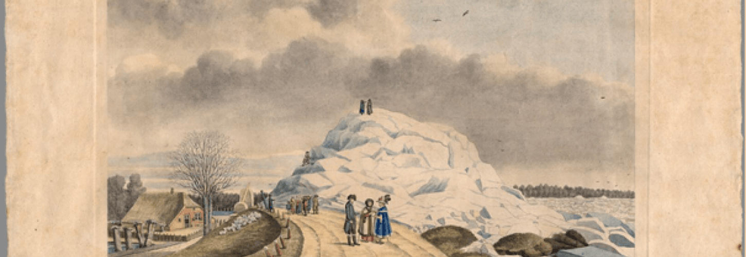 een prent uit de Atlas van het RAR van de ijsberg bij Ochten op 24 januari 1789