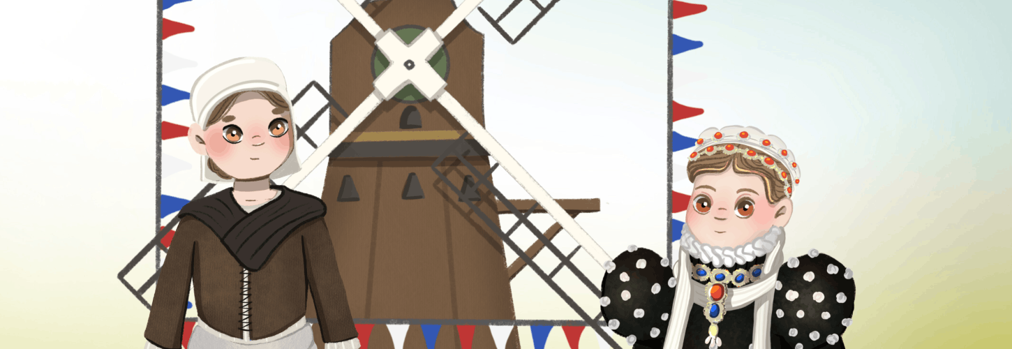 Prinses Anna van Buren en een meisje met schort voor een versierde molen