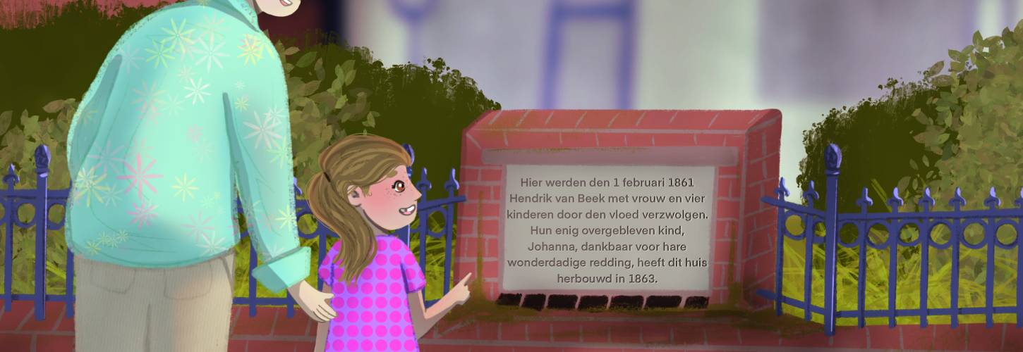 Een vrouw met een meisje aan de hand kijken naar een bord voor een huis
