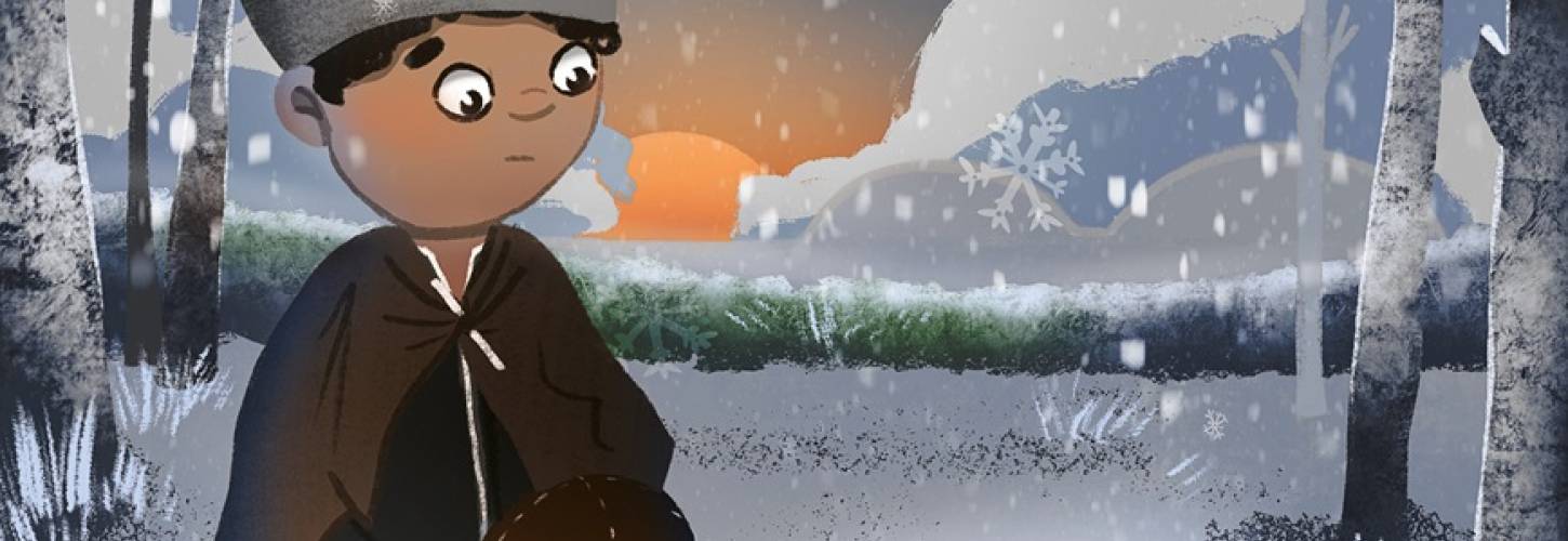 jongen met bruine jas en muts staat in een winters landschap met sneeuw en ijs