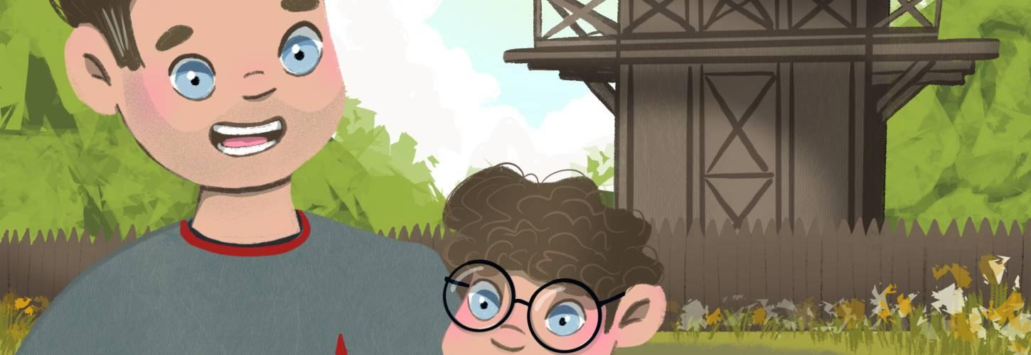 tekening van een vader en zoon met kaart voor een ouderwetse wachttoren