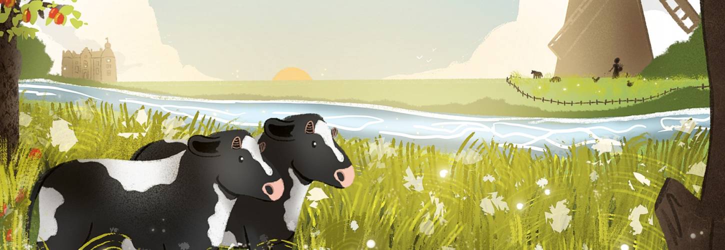 cover kinderboek met tekening van koeien bij een rivier met een molen en kasteel op de achtergrond