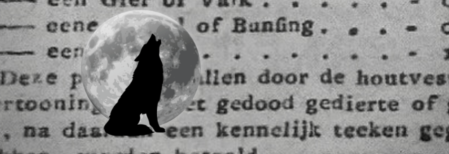 Afbeelding van huilende wolf voor de maan met op de achtergrond de premies voor de wolvenjacht