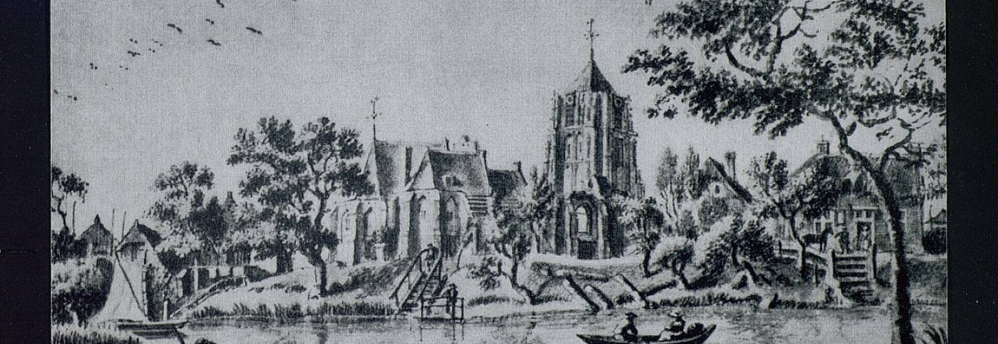 Tekening van J. de Beijer met een gezicht op Acquoy waarop onder andere de scheve toren en de kerk te zien zijn. Bron: RAR (1534-3119)