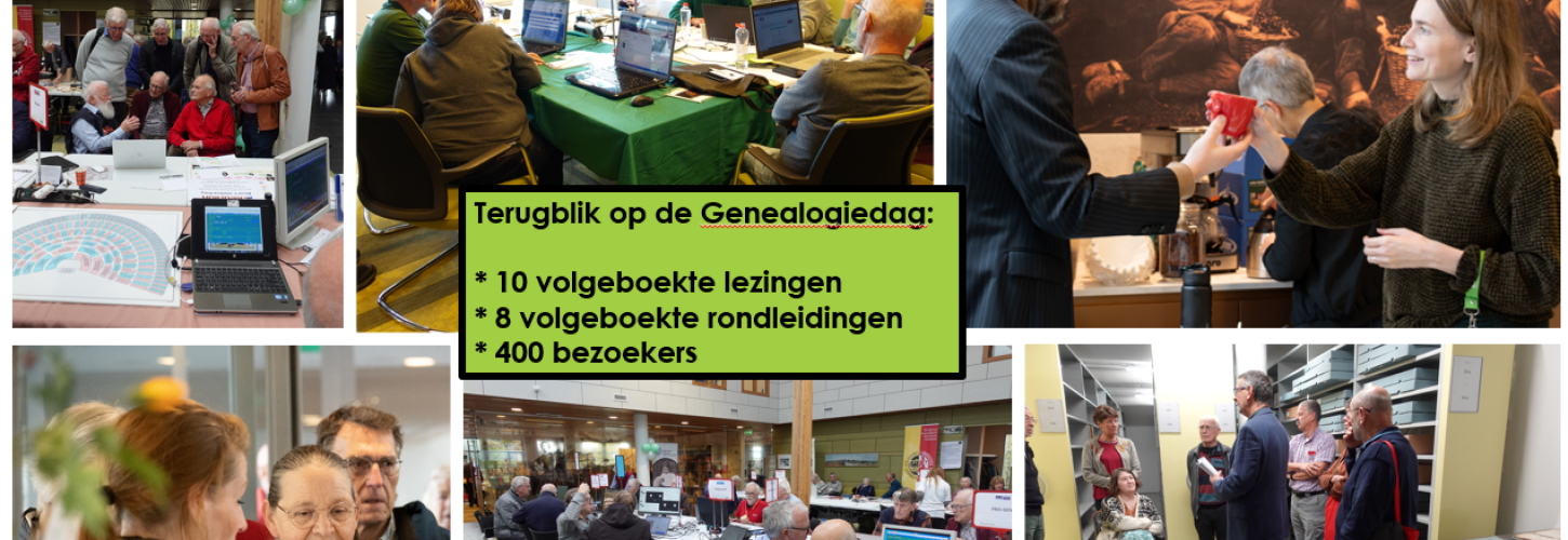 collage met foto's van de genealogiedag bij het RAR op 2 november. je ziet mensen met elkaar in gesprek, mensen zittend achter computerschermen, een rondleiding in een depot
