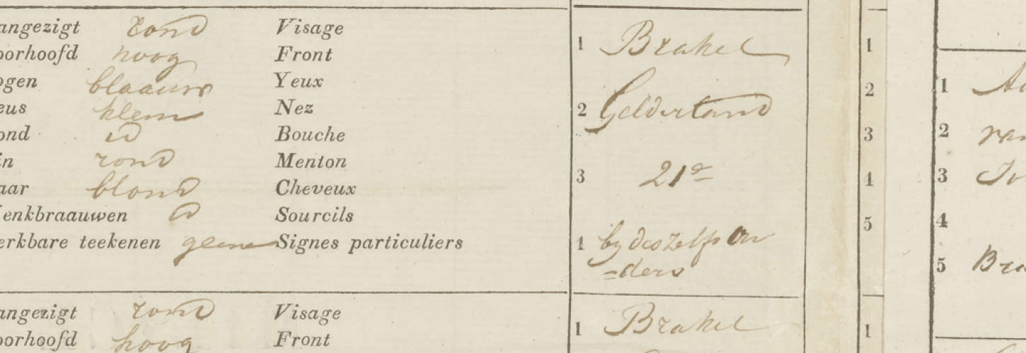 deel van een pagina uit een inschrijvingsregister voor de Nationale Militie in 1834 uit het archief van het gemeentebestuur Poederoijen, Munnikenland, Loevestein en Brakel. Te vinden bij het Regionaal Archief Rivierenland.