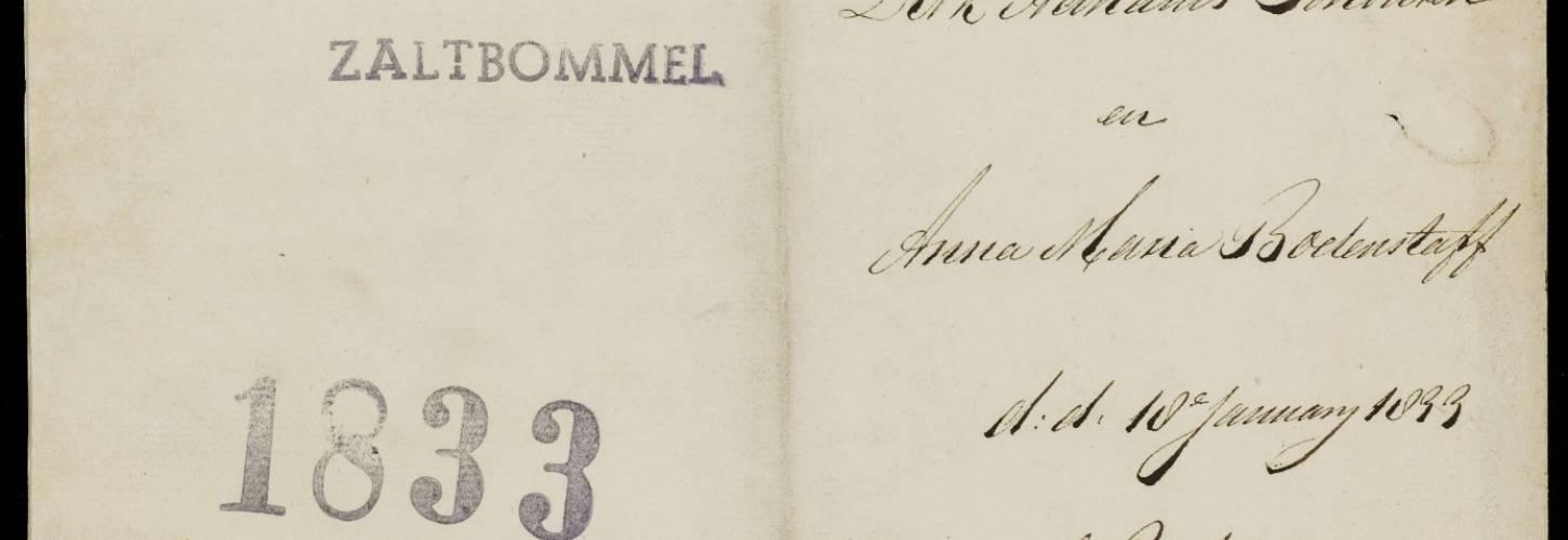 Voorblad bij de huwelijksbijlagen van een huwelijk in Zaltbommel in 1833