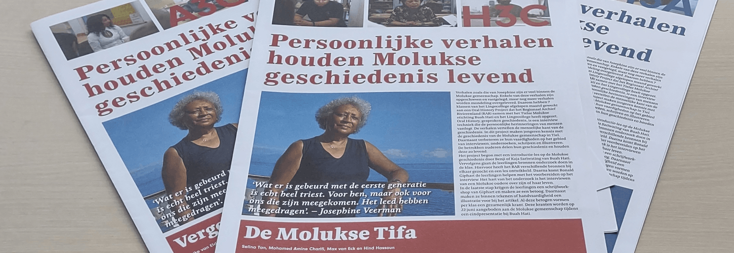 kranten gemaakt door havo- en vwo-leerlingen van het Lingecollege in Tiel naar aanleiding van bronnenonderzoek en gesprekken met Molukse ouderen