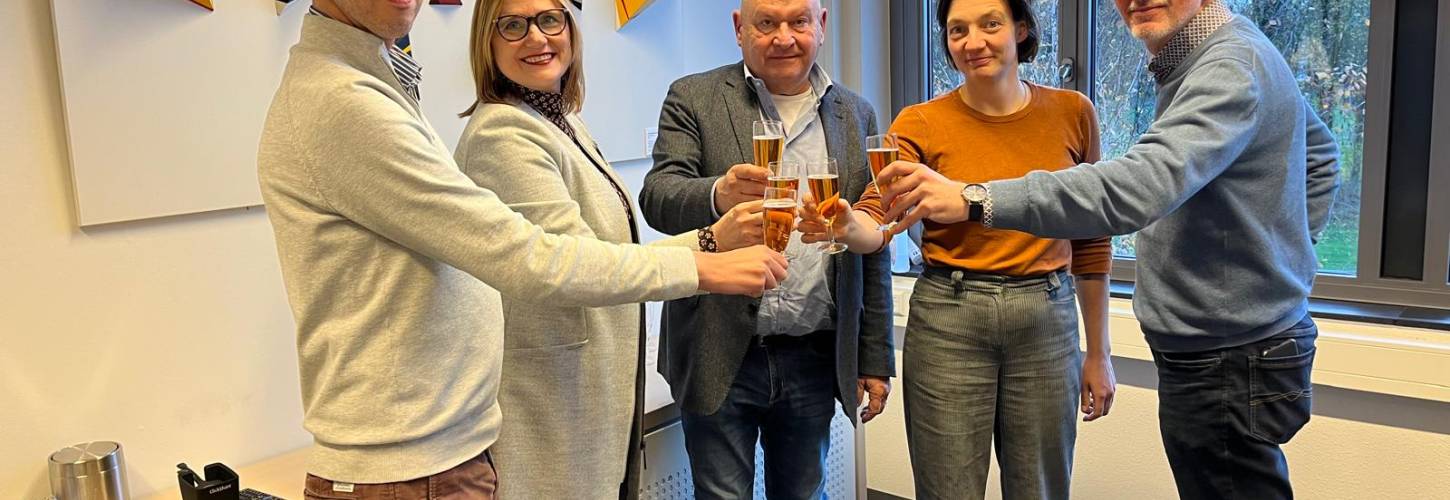 3 mannen en 2 vrouwen heffen een glas champagne in een kantoor
