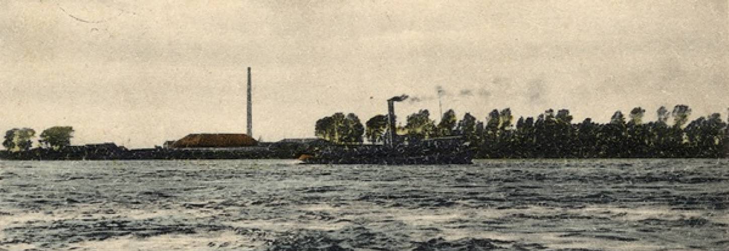 prentbriefkaart met zicht op de steenfabriek in Heesselt vanaf de Waaldijk. Uitgever M.H. Schie-de Lang