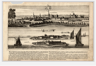 silhouettekeningen van sint andries met fort de voorn op de achtergrond