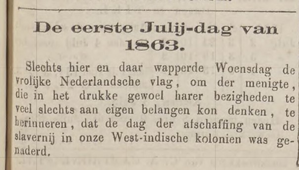 krantenbericht over 1 juli 1863 afschaffing slavernij in Nederlandse kolonien