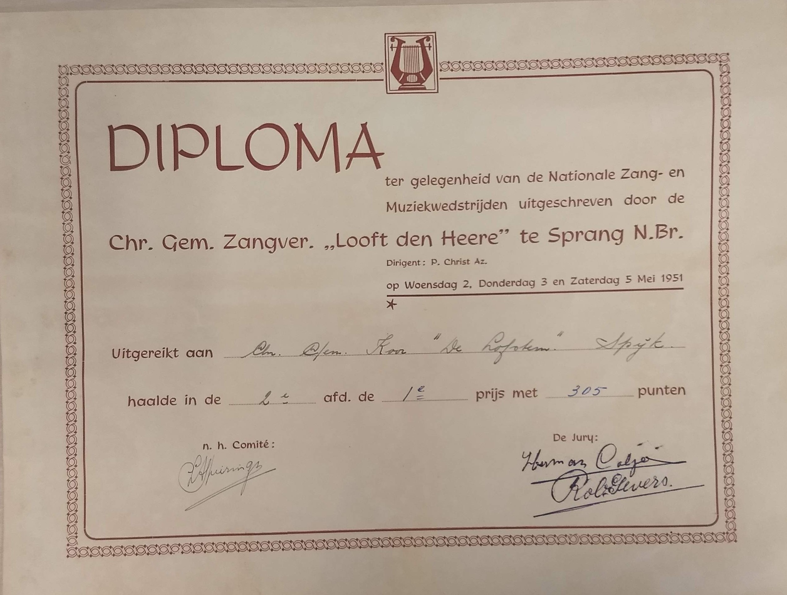 diploma eerste prijs De Lofstem uit Spijk voor zangwedstrijd 