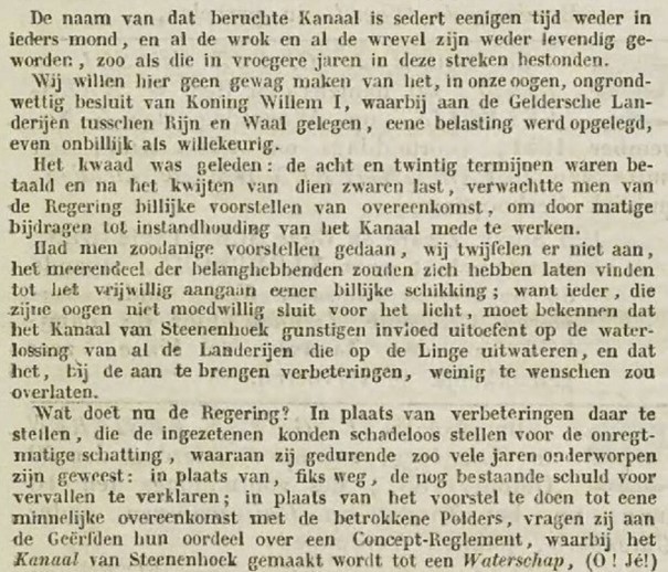 krantenartikel over kanaal van steenenhoek in 1851