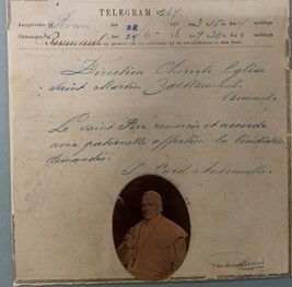 telegram van paus aan zangkoor St Caecilia Zaltbommel in 1871