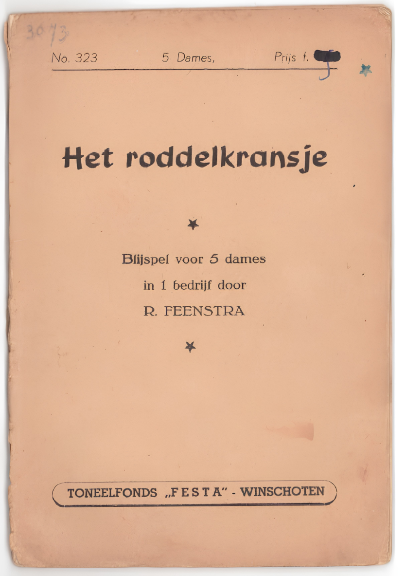 voorkant van een boekje met de titel Het Roddelkransje, blijspel voor 5 dames in een bedrijf