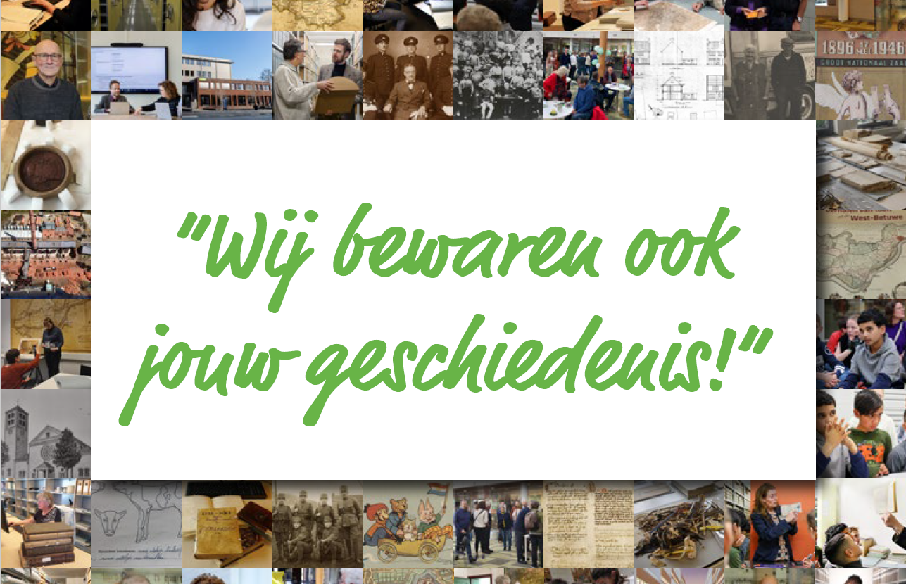 Voorkant brochure Regionaal Archief Rivierenland met de tekst Wij bewaren ook jouw geschiedenis!