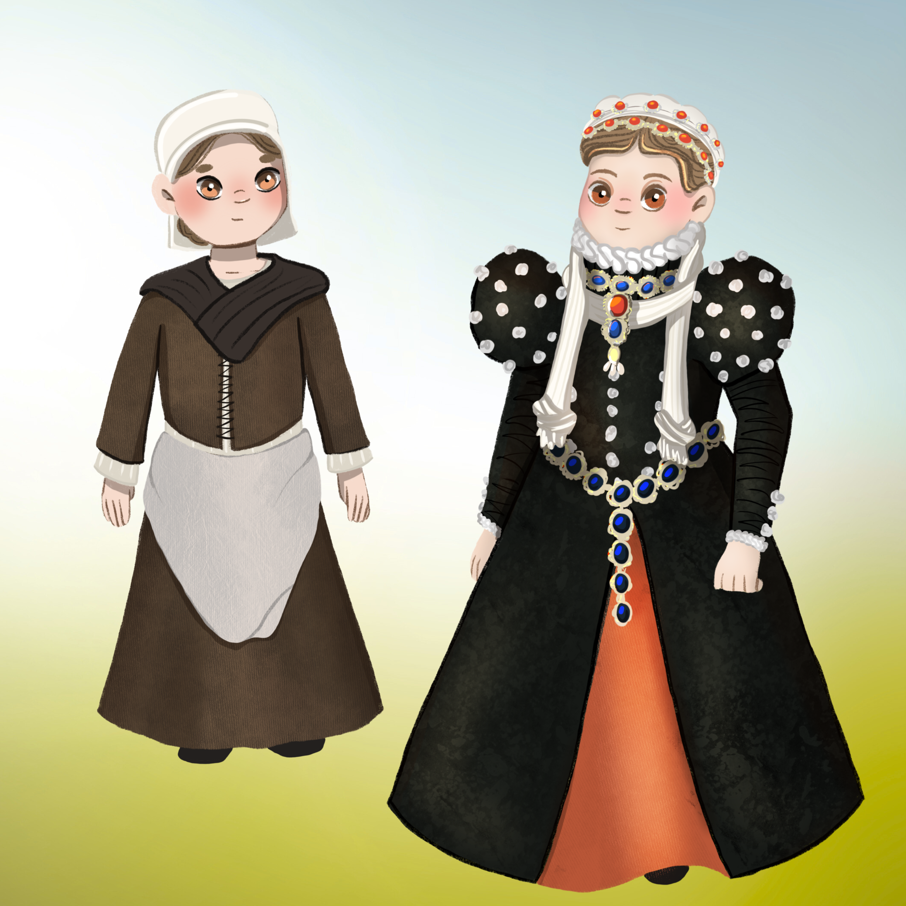 Een tekening van prinses Anna en een meisje