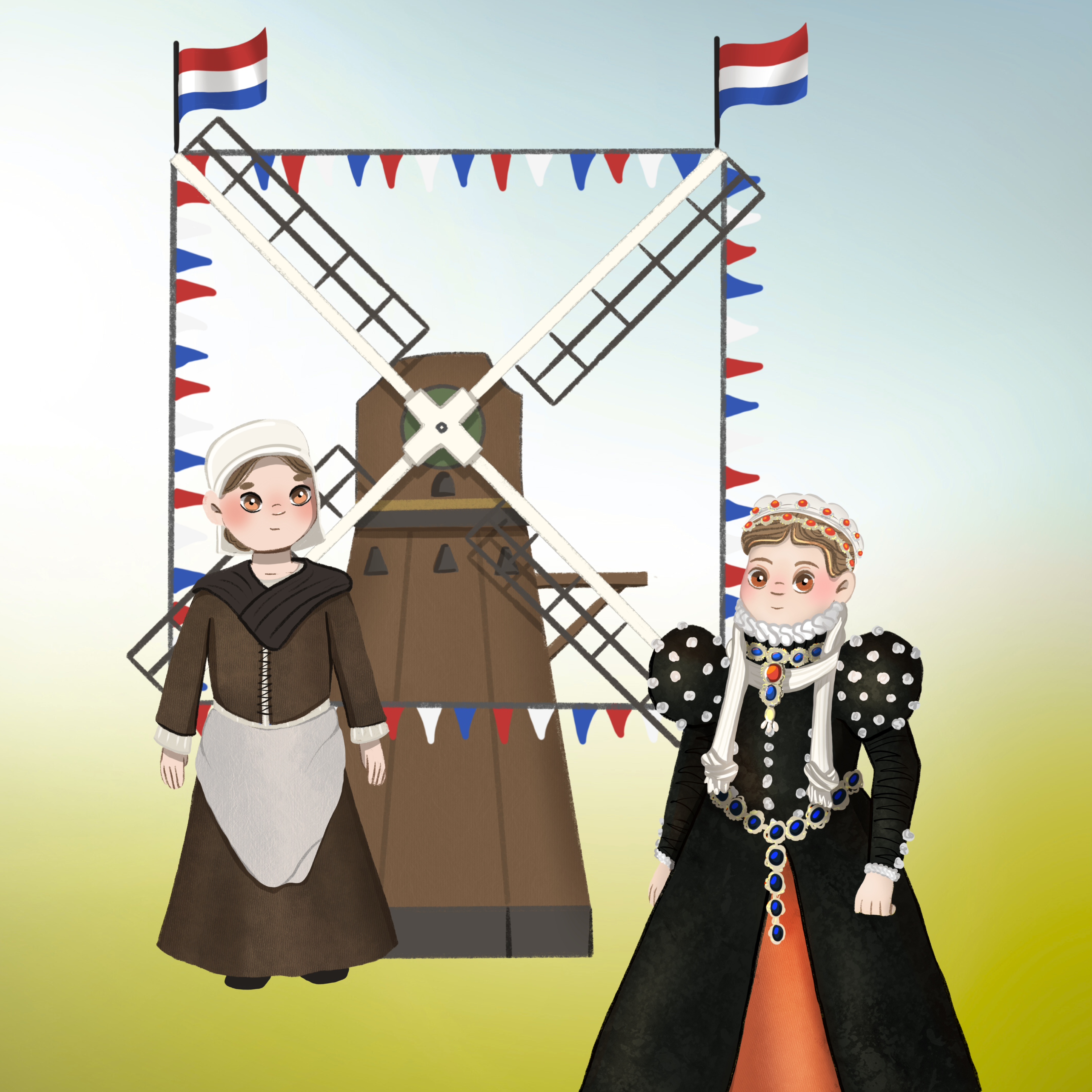 Prinses Anna van Buren en een meisje met schort voor een versierde molen