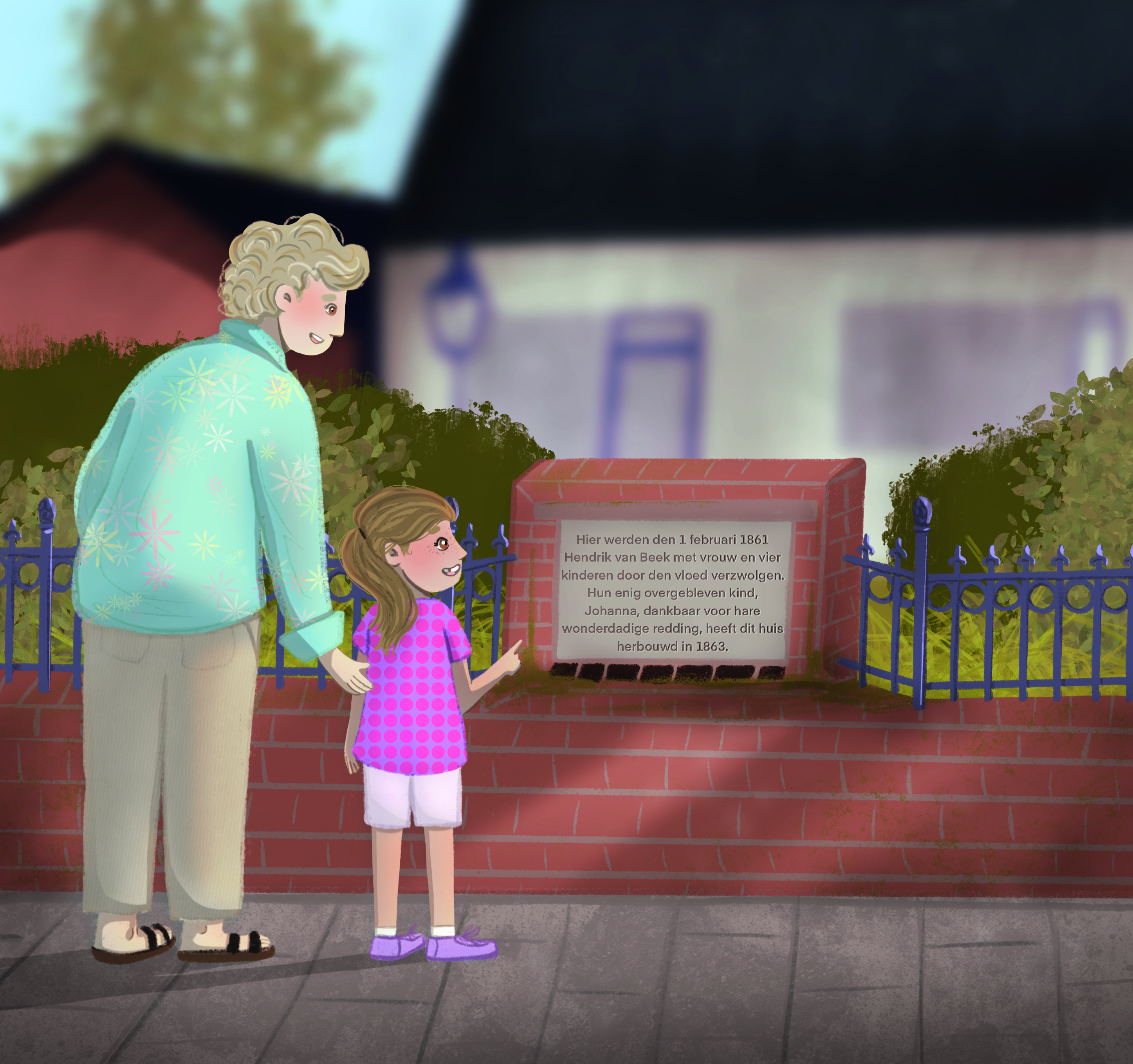 Een vrouw met een meisje aan de hand kijken naar een bord voor een huis