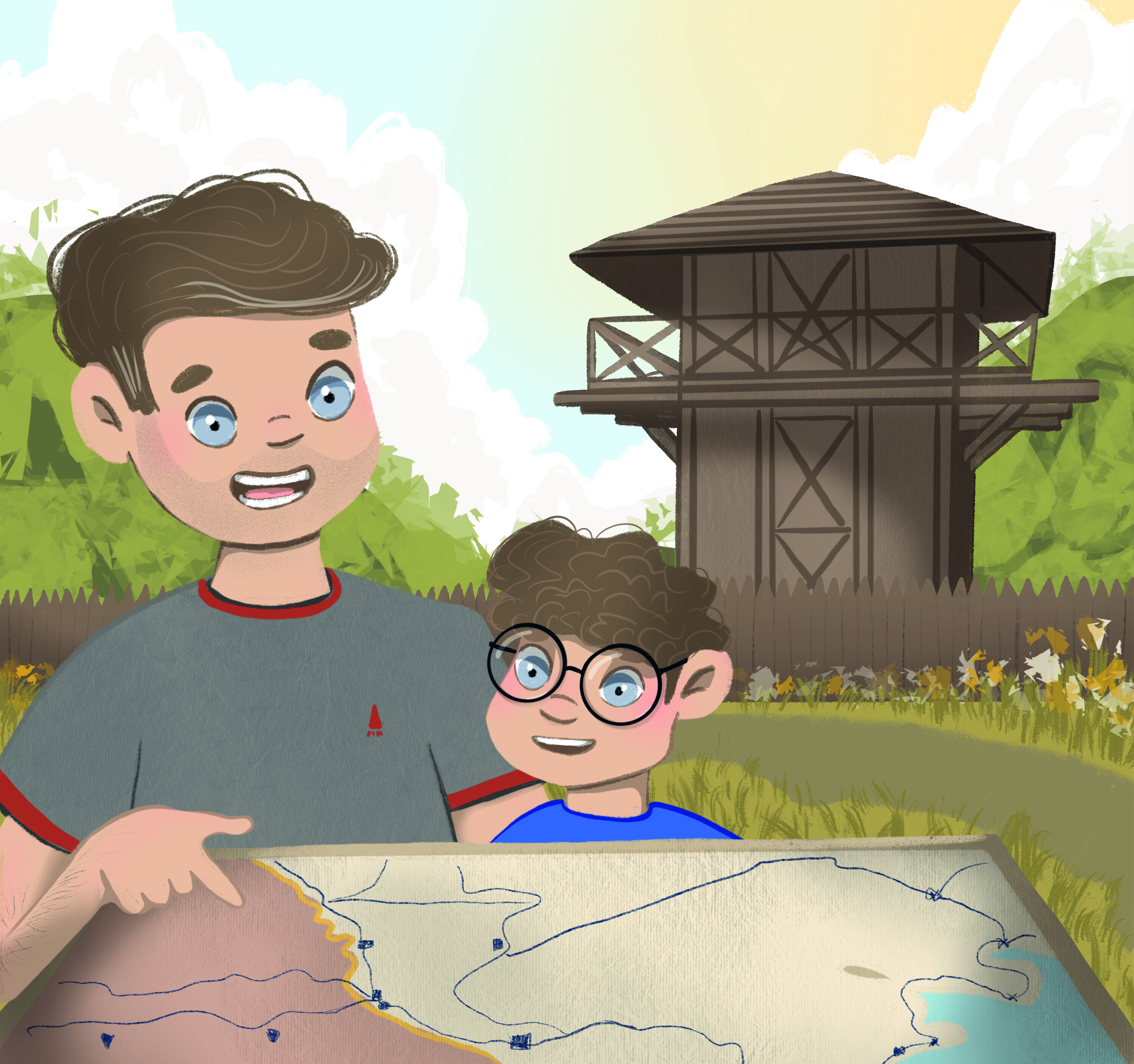 tekening van een vader en zoon met kaart voor een ouderwetse wachttoren