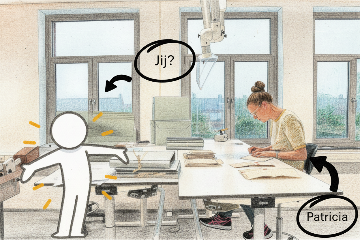 tekening van vrouw aan het werk bij een bureau met tekstballon Patricia en een getekend poppetje met tekst Jij"?