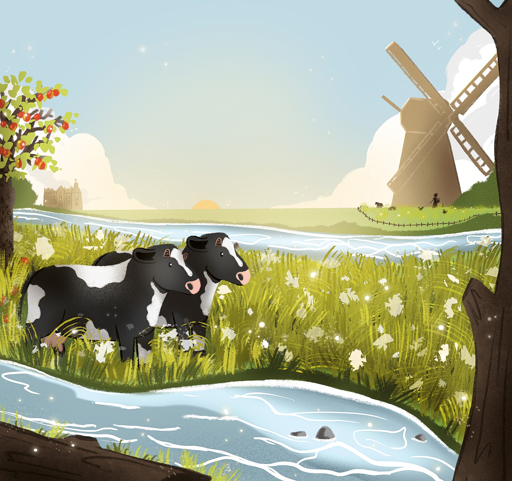 Voorkant boek stromend in de tijd met koeien bij een rivier in een grasland met een molen en kasteel op de achtergrond