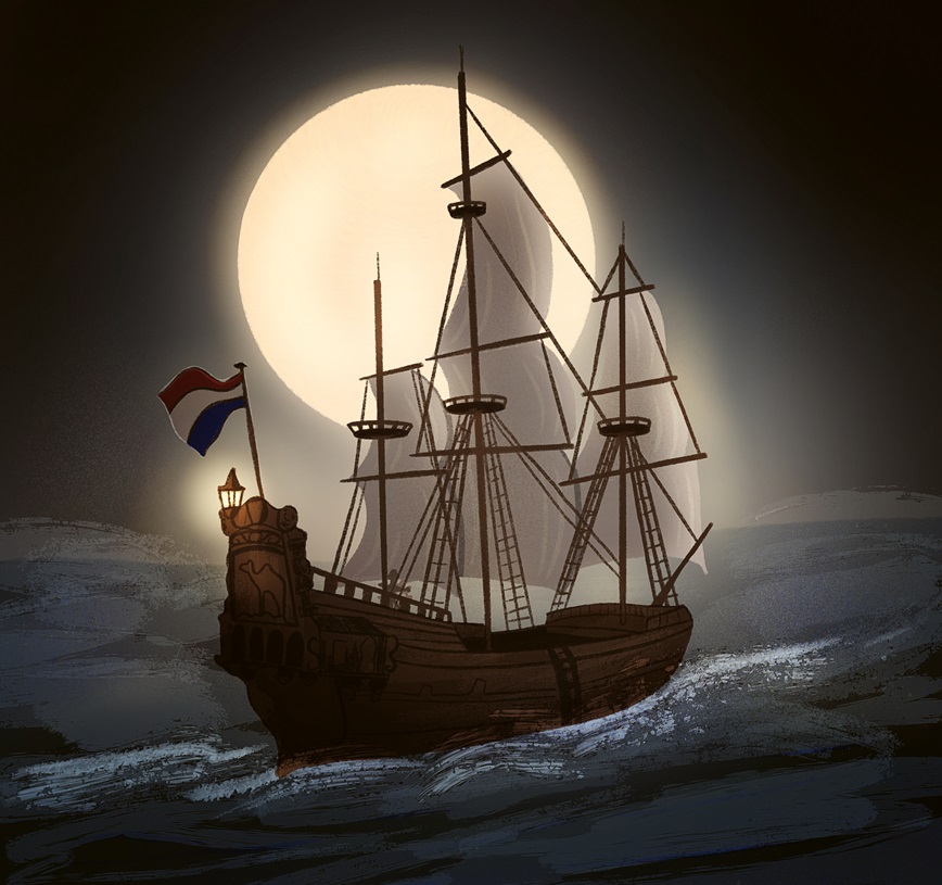 een groot zeilschip met Nederlandse vlag met een grote volle maan op de achtergrond