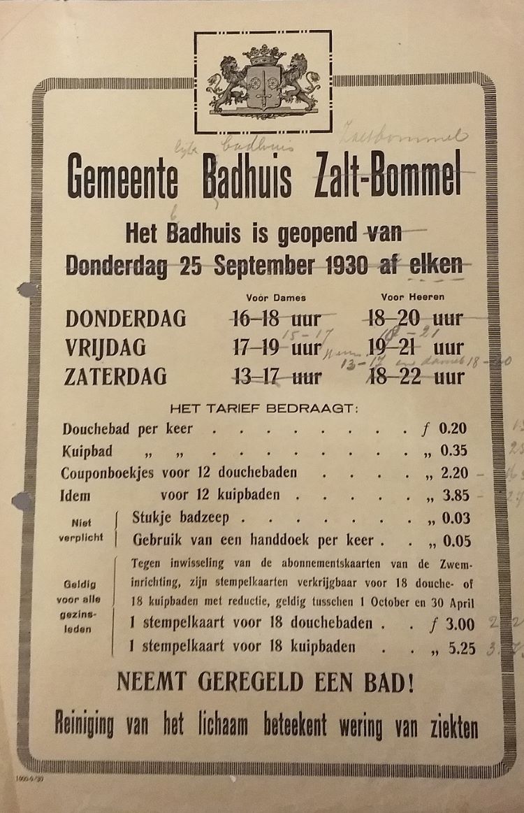 Affiche met prijzen van het badhuis in Zaltbommel