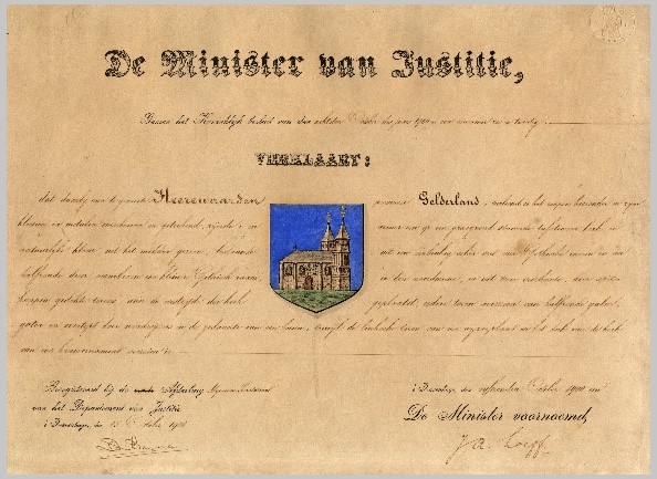 diploma van  minister van justitie voor het wapen van Heerewaarden 1901