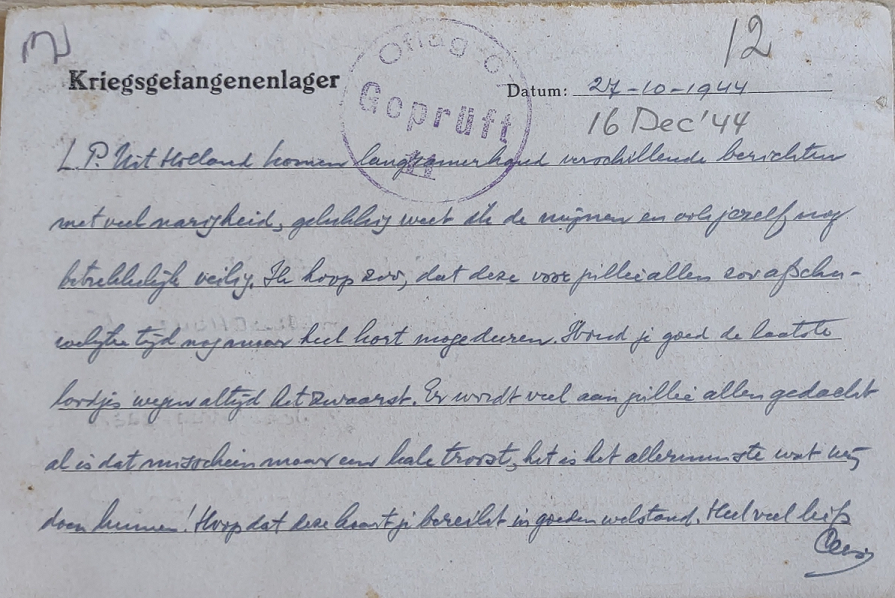 een van de brieven die Cees van Lidth de Jeude vanuit een krijgsgevangenkamp schreef aan zijn verloofde Pauline in Nederland