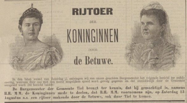 krantenbericht met getekende portretten van Wilhelmina en Emma Tielsche Courant 1898