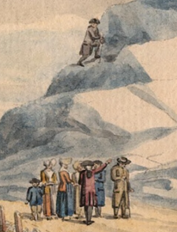 detail van de tekening van de ijsberg bij ochten met iemand die de berg beklimt 