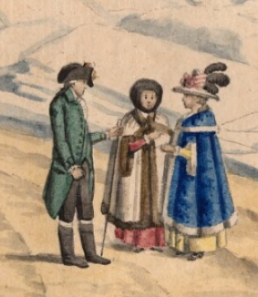 detail van de tekening van de ijsberg bij ochten met waarschijnlijk Helena Magdalena Bigot de Villandry (die getrouwd is met George, graaf van Randwijck) en haar zus