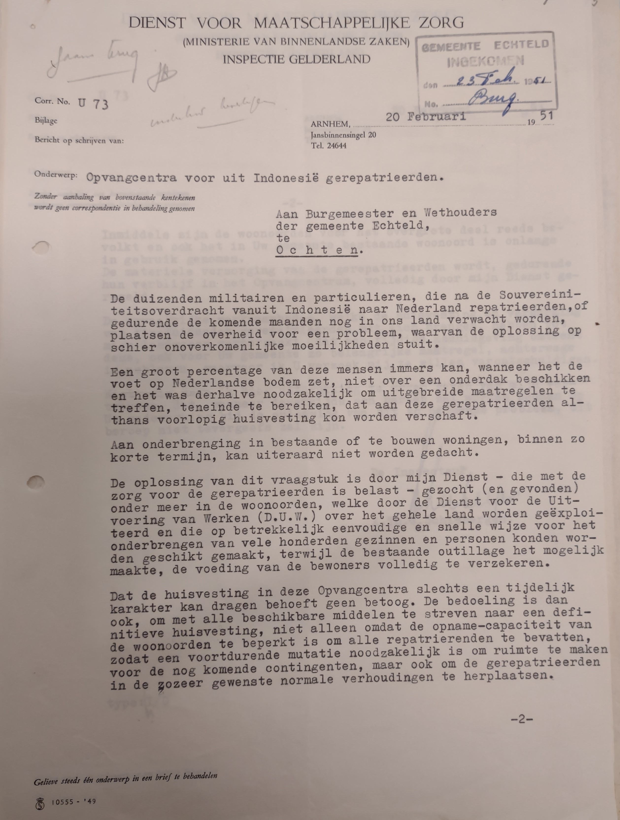 brief over huisvesting Molukkers 1951