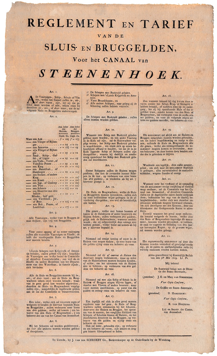 reglement en tarieven kanaal van steenenhoek 1819