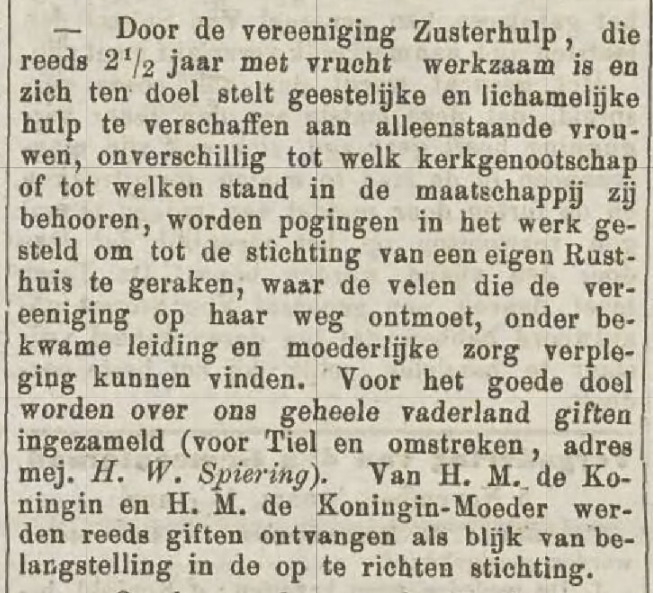 artikel over Zusterhulp Tiel in Nieuwe Tielsche Courant van 1904