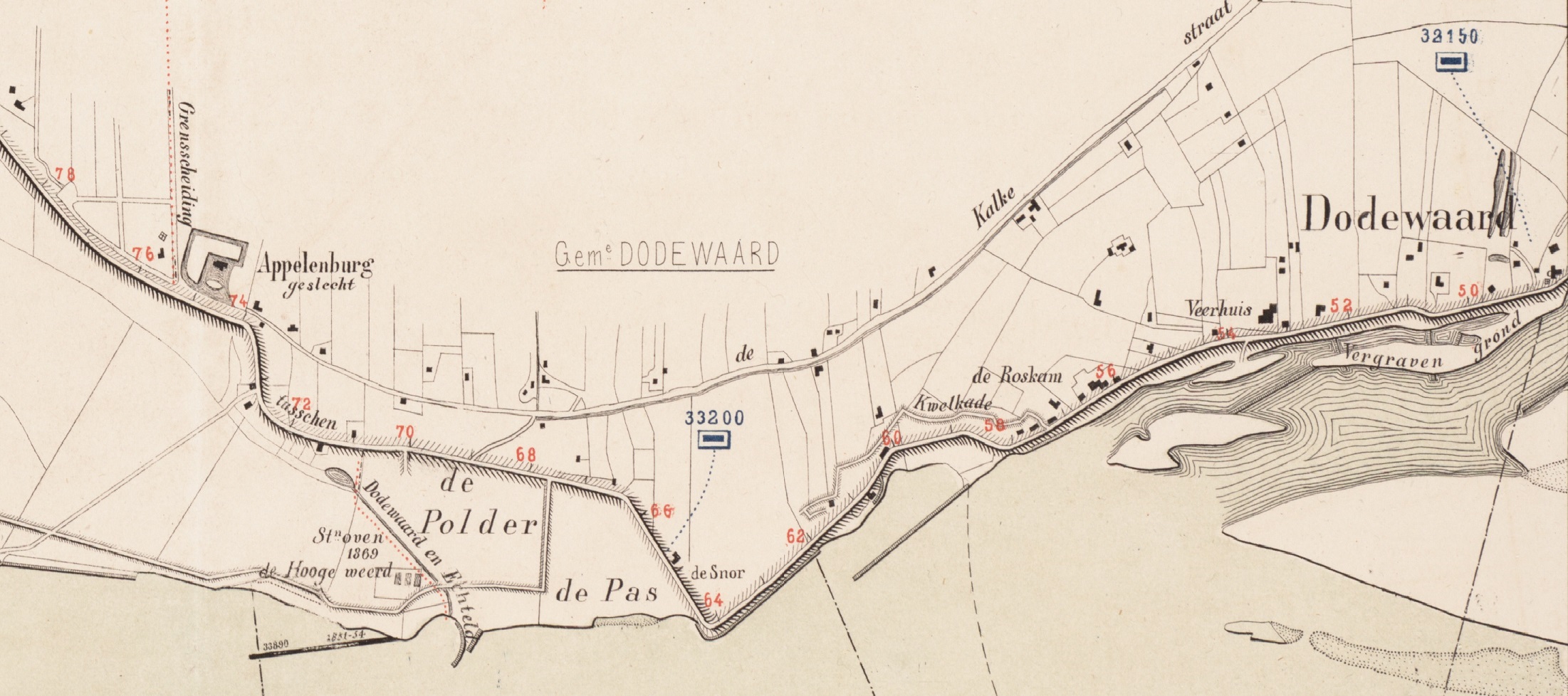 deel van de kaart van de waal en rijndijken 1871