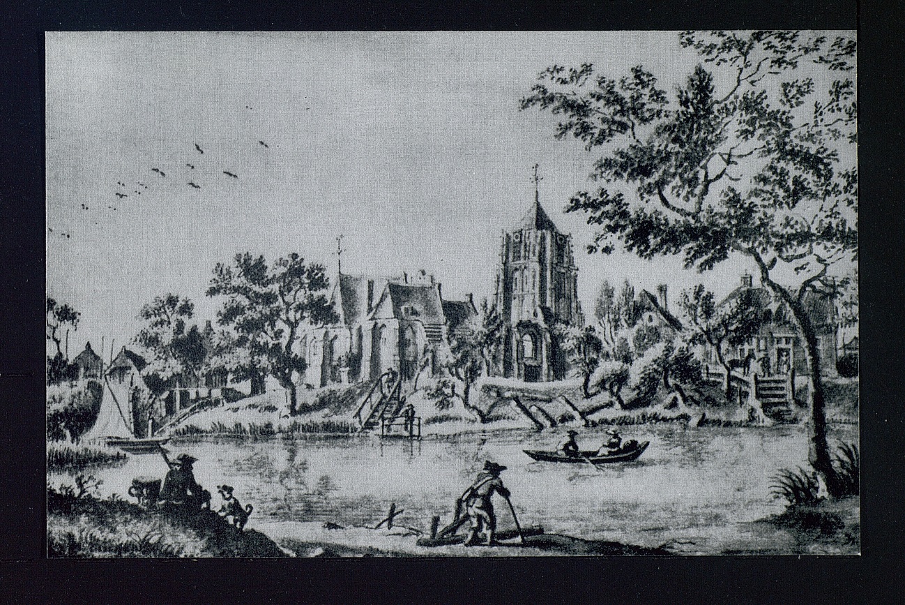 Tekening van Acquoy met daarop de kerk en de scheve toren gemaakt door Tekening door J.de Beijer 