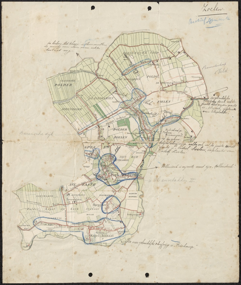 Uitsnede topografische kaart van de gemeente Zoelen, met Kapel-Avezaath en Kerk-Avezaath en handgeschreven aantekeningen uit 1947
