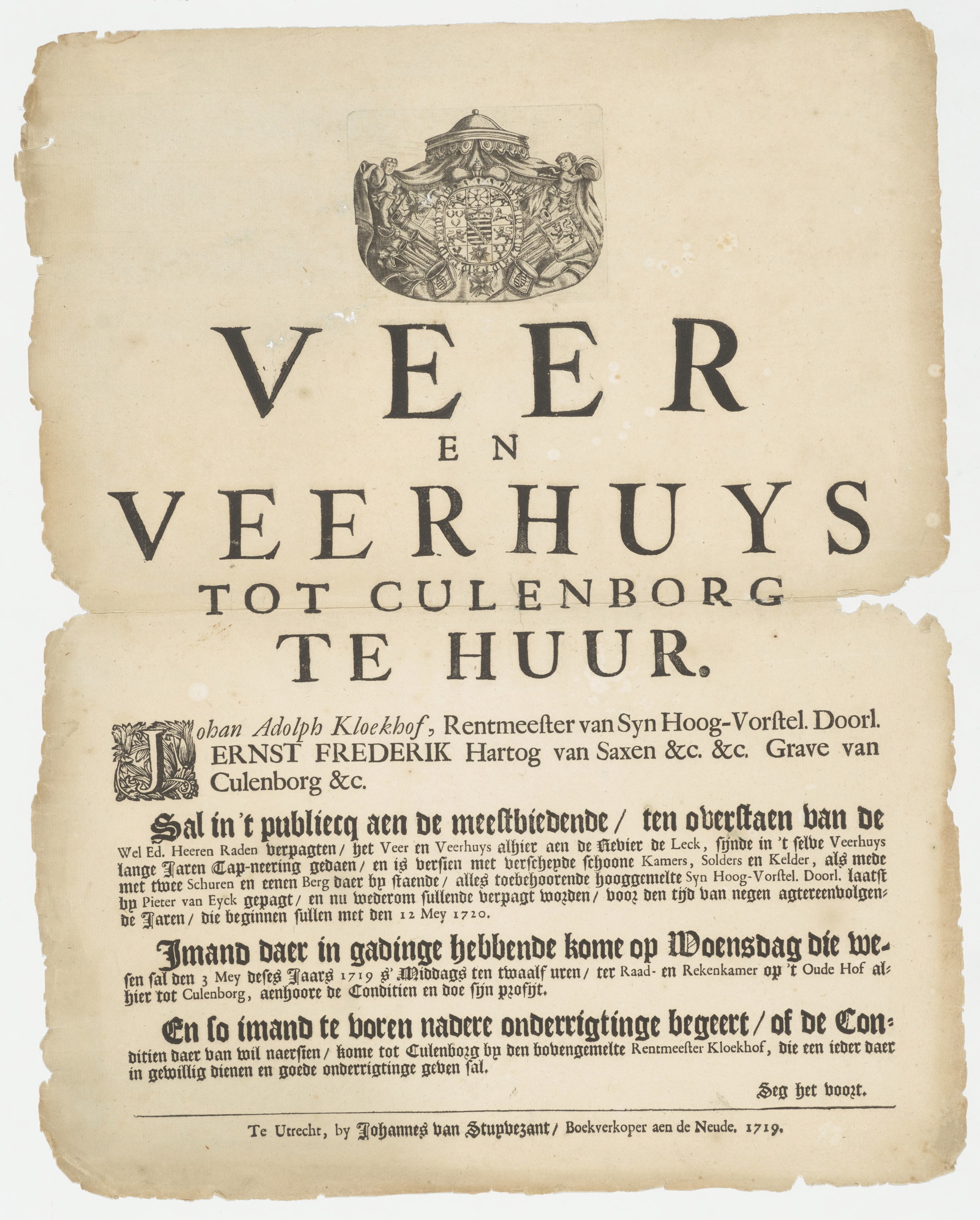 Een gedrukte tekst Veer en Veerhuis te Culenborg te huur. 