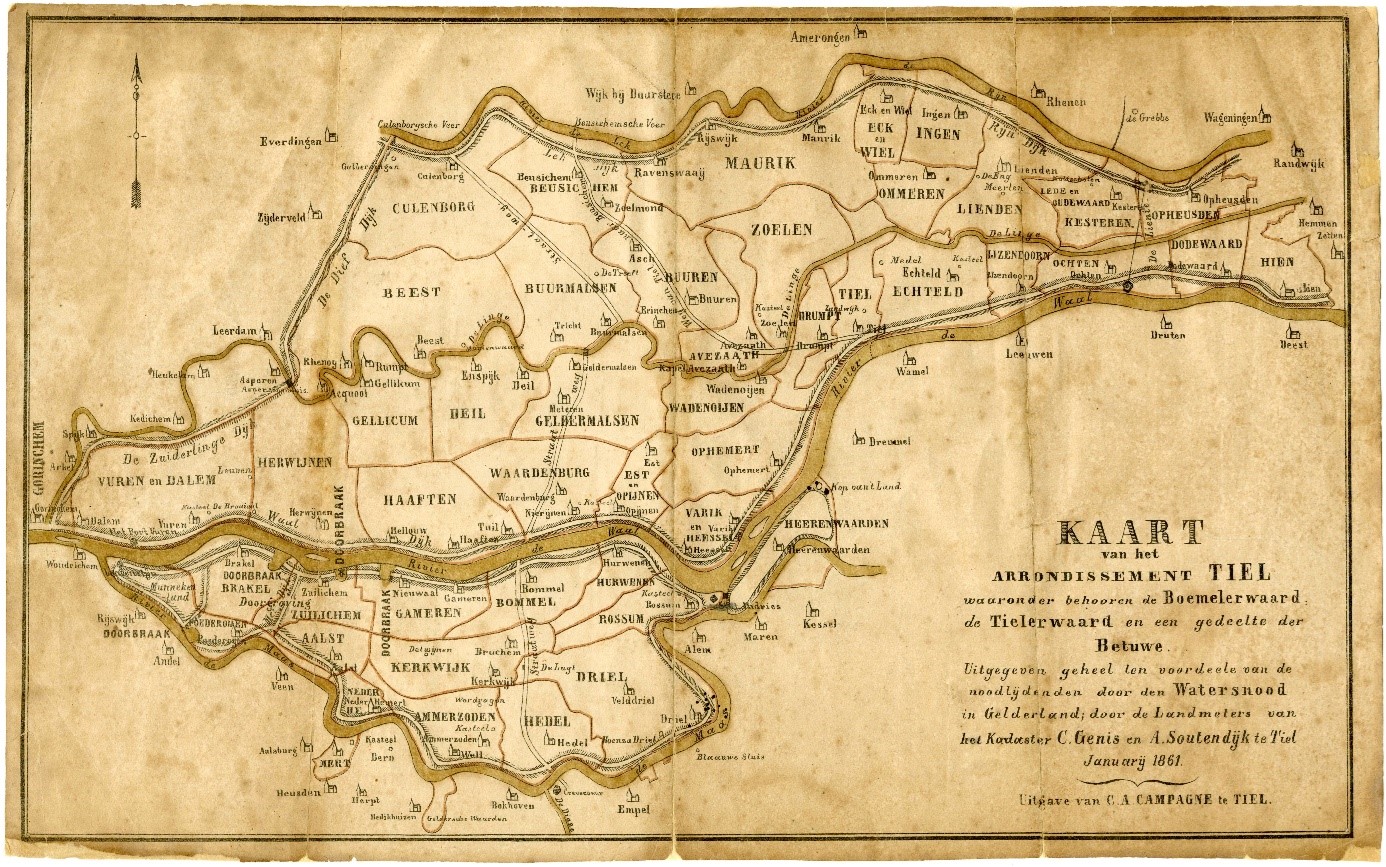 kaart van het arrondissement Tiel in 1861