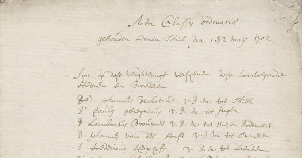 deel van een pagina uit de acta van de classis tiel in 1702
