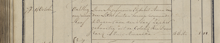 Inschrijving van een akte over het ontslag van een tot slaaf gemaakte man in een repertorium van notarissen in Geldermalsen in 1820 te vinden bij het Regionaal Archief Rivierenland