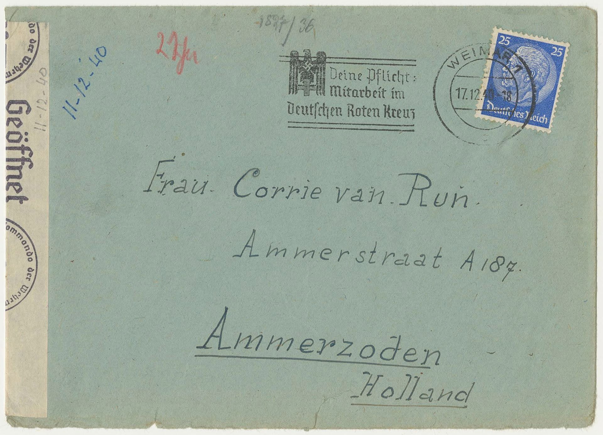 envelop gericht aan Frau Corrie van Run met een adres in Ammerzoden, Duitse stempels en postzegel