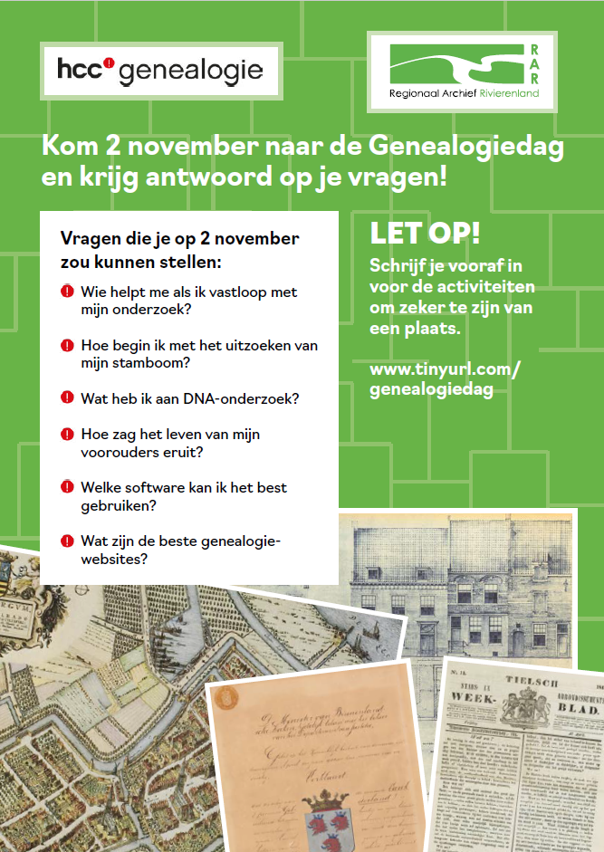 achterkant flyer genealogiedag met voorbeelden van vragen die je kunt stellen over stamboomonderzoek en de oproep je aan te melden voor activiteiten om zeker te zijn van een plaats