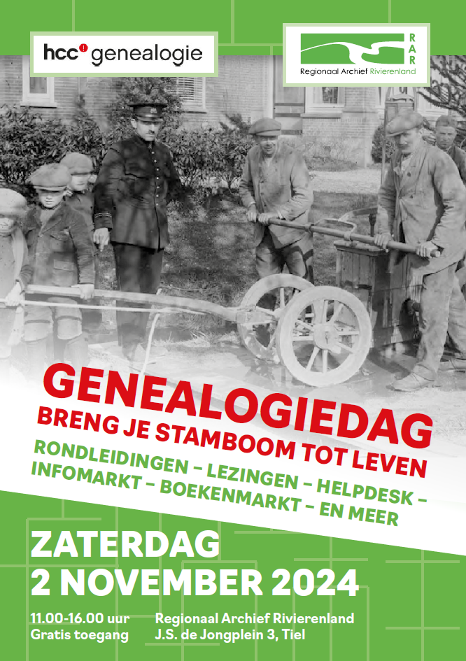 voorkant flyer aankondiging genealogiedag bij het rar op zaterdag 2 november met een oude foto van mannen met een brandweerpomp