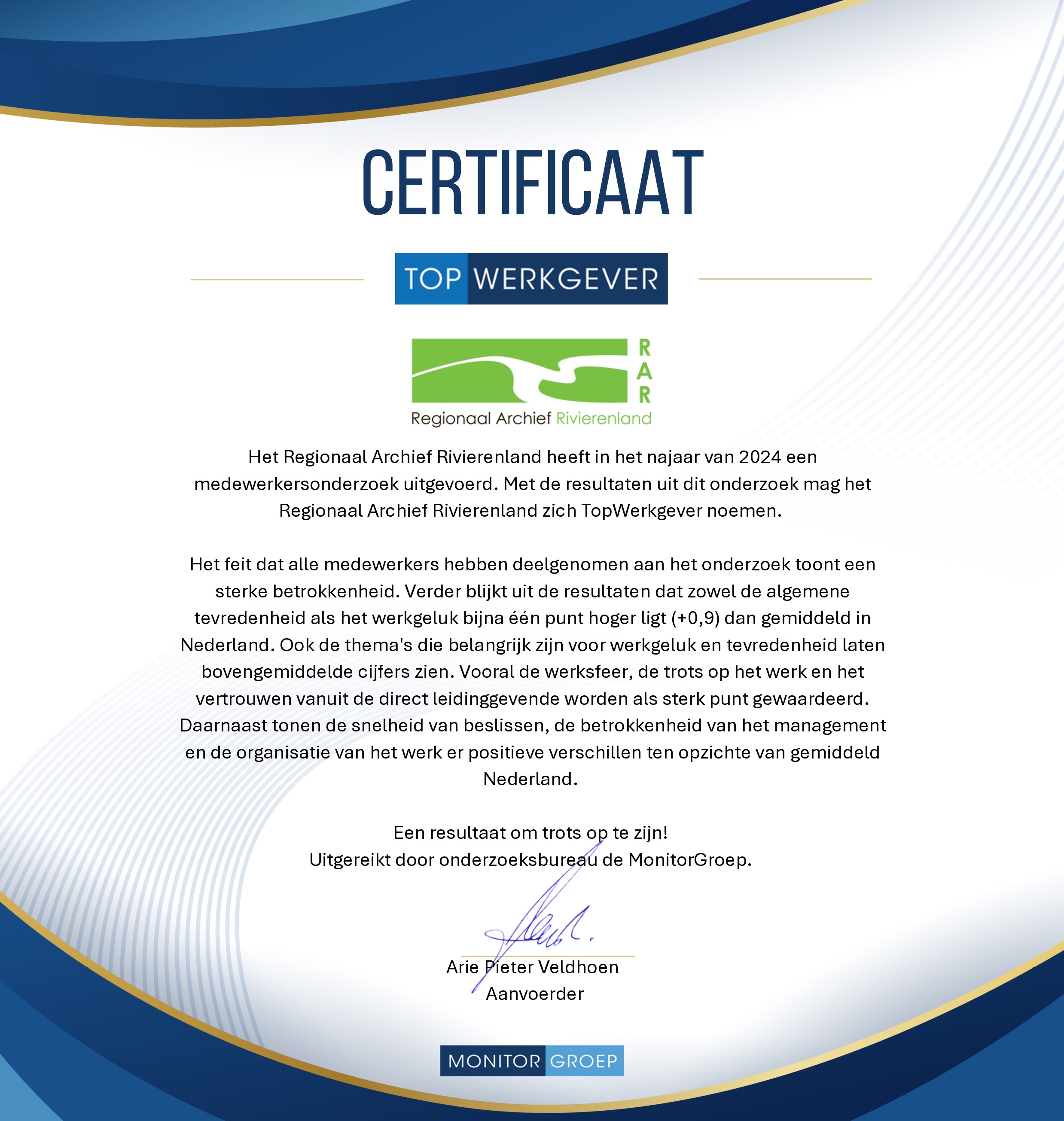 het certificaat Topwerkgever van Monitorgroep voor het RAR